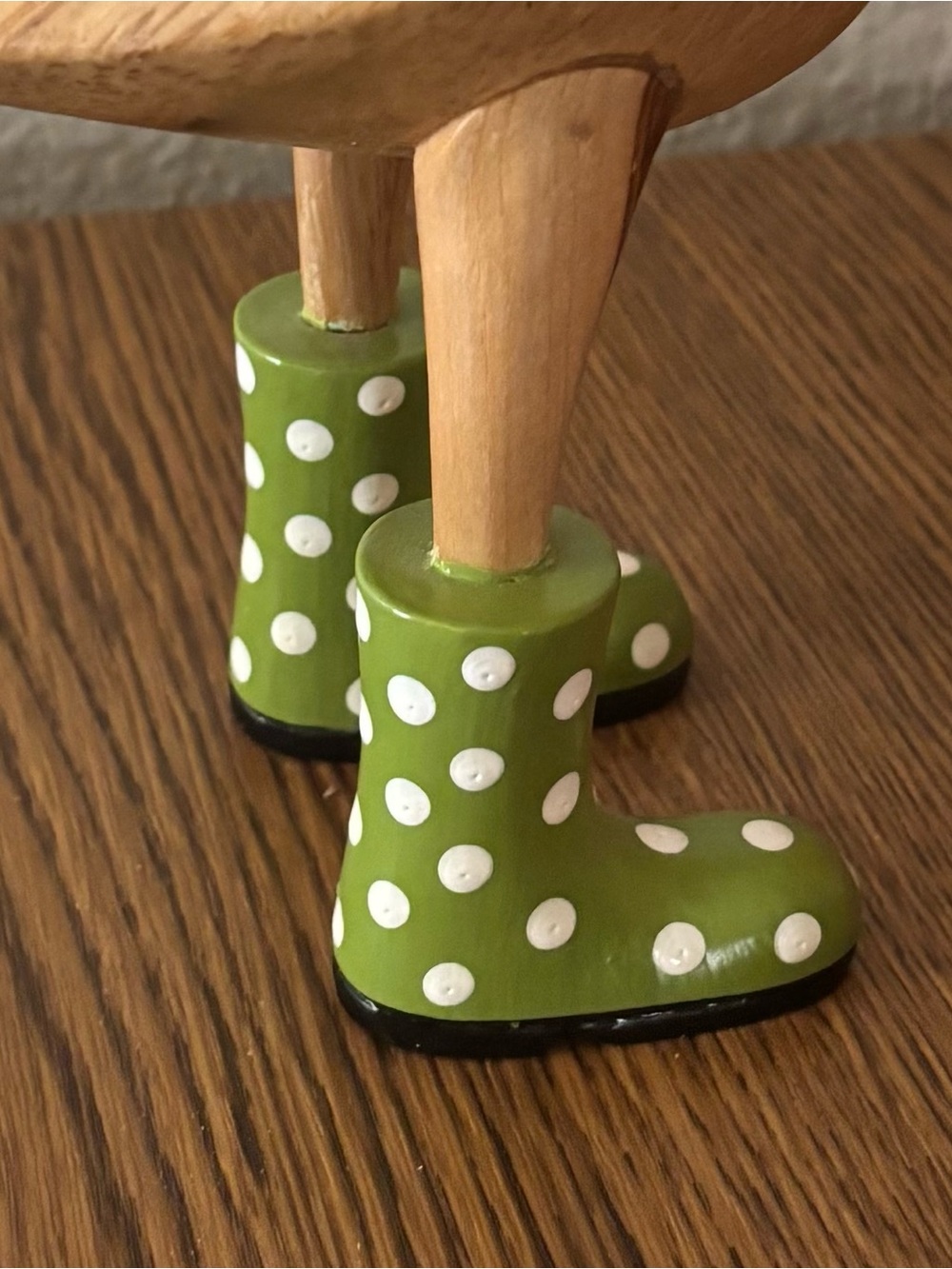 DCUK brand collectible Wooden Duck Figurine with Green Polka Dot Wellie Boots - Picture 6 of 8